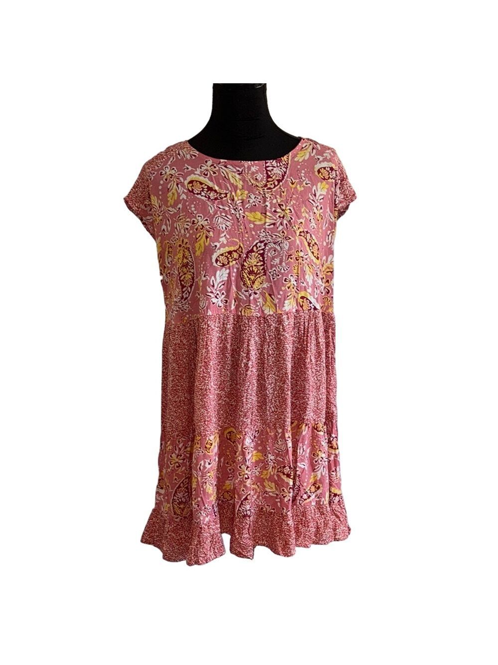 Easel S Pink Paisley Rayon Tiered Mini Dress Boho Flowy Short Sleeve Summer